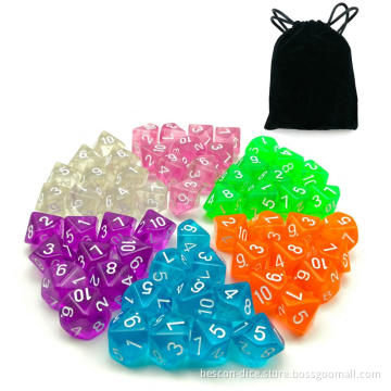 60pcs Assorted Colored Translucent D10 (1-10) Pack,6X10pcs 10 Sides Dice Transparent Polyhedral Dice D10 Set in Drawstring Pouch